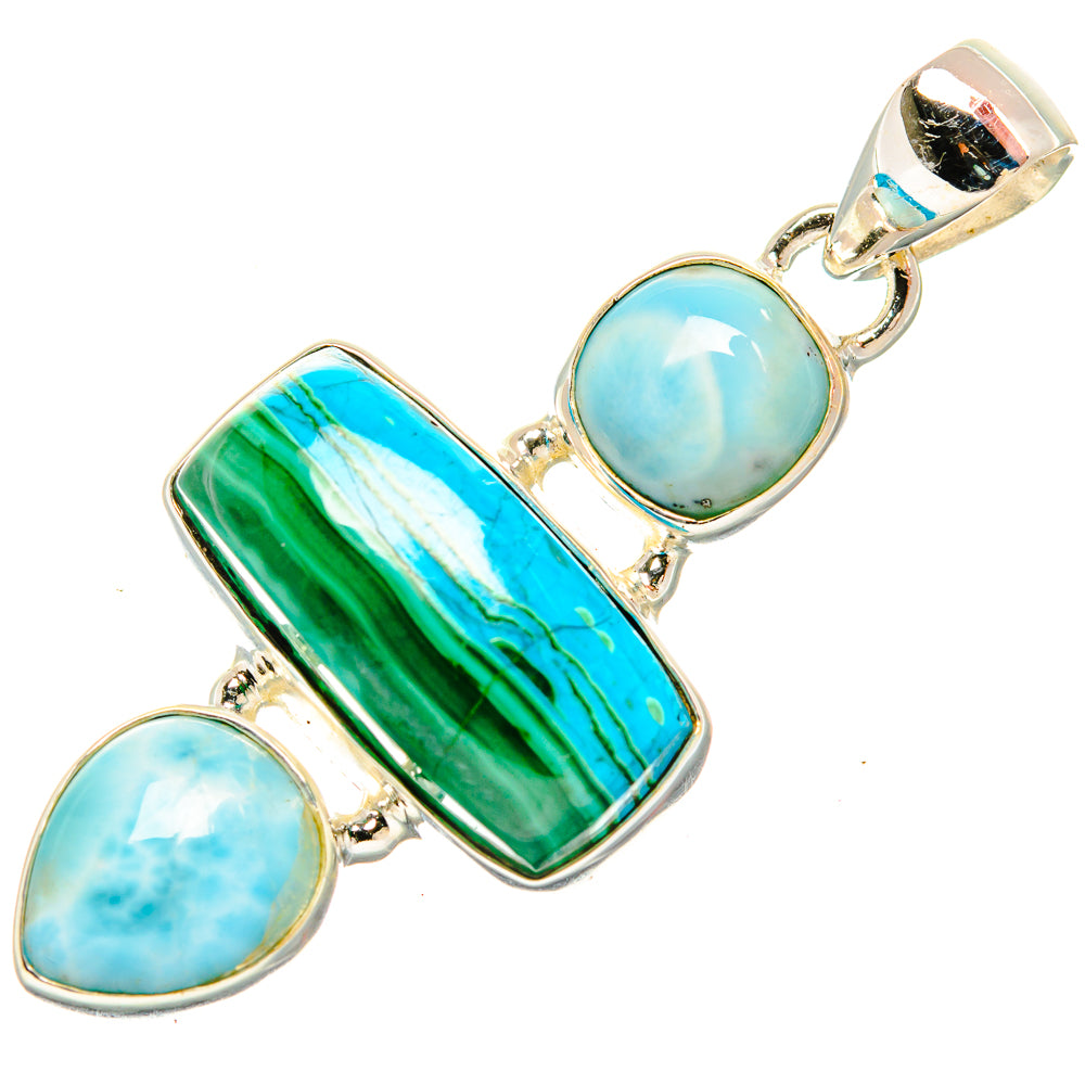Sterling silver pendant with two blue oval stones and a green striped rectangular center