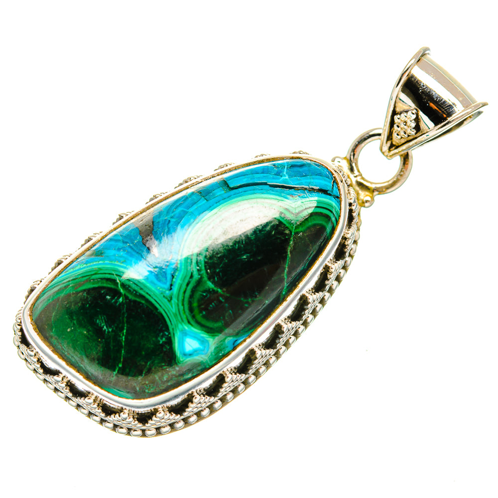 Oval malachite and chrysocolla pendant in 925 sterling silver with hinged bail
