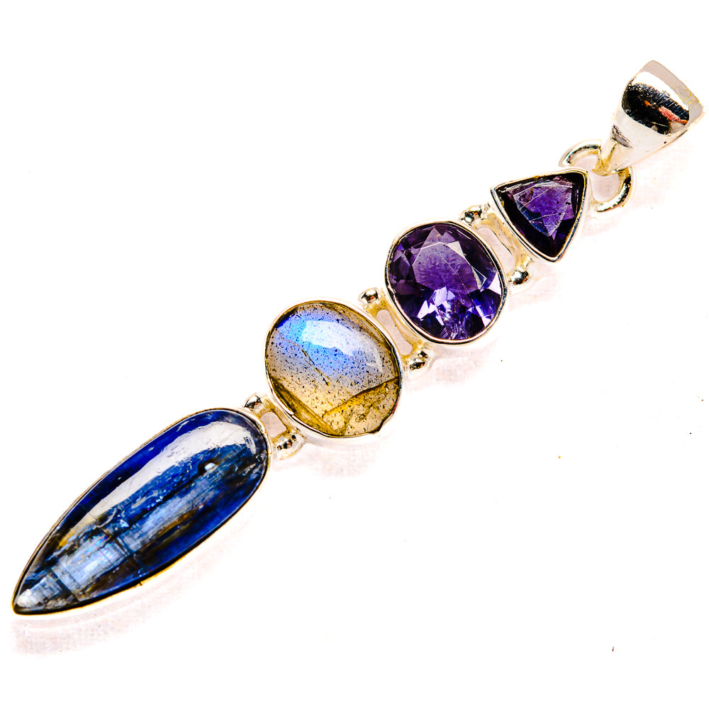 Sterling silver gemstone pendant with blue marquise drop and purple oval stones