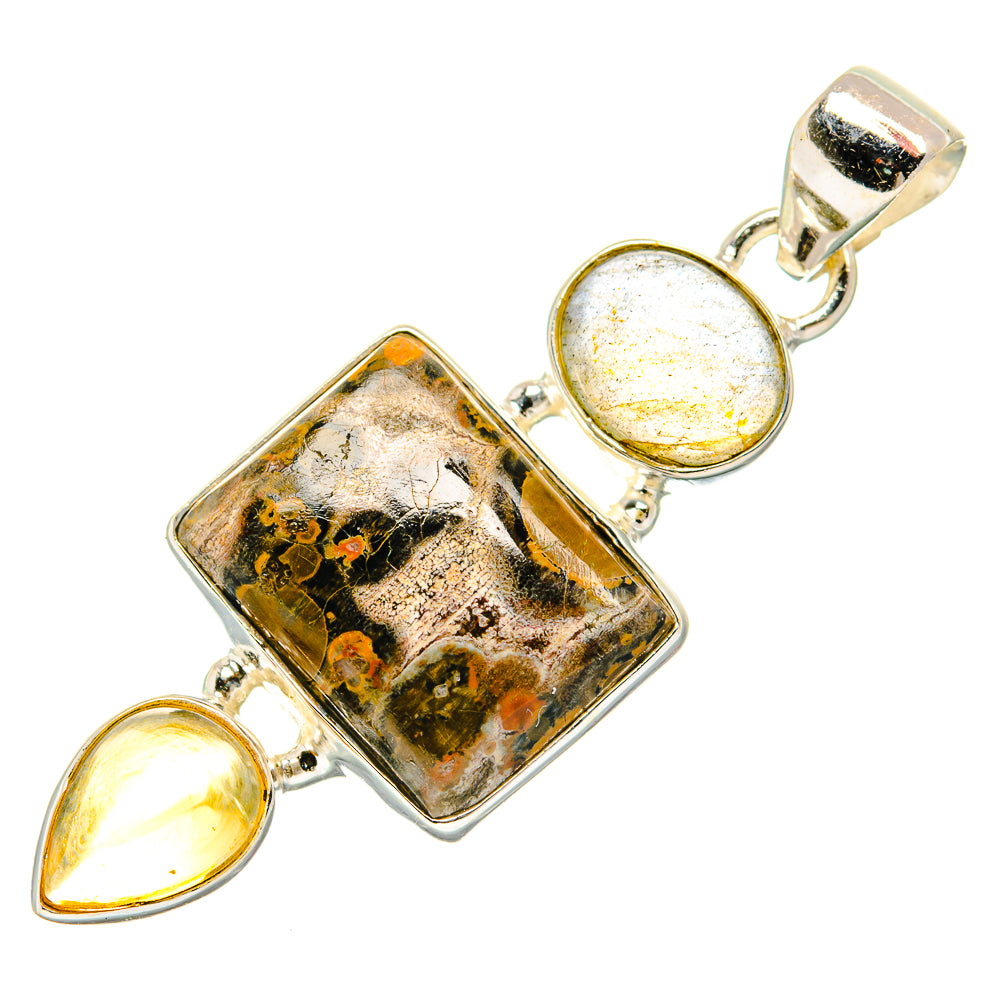 925 sterling silver pendant with rectangular jasper, round yellow stone, and heart drop