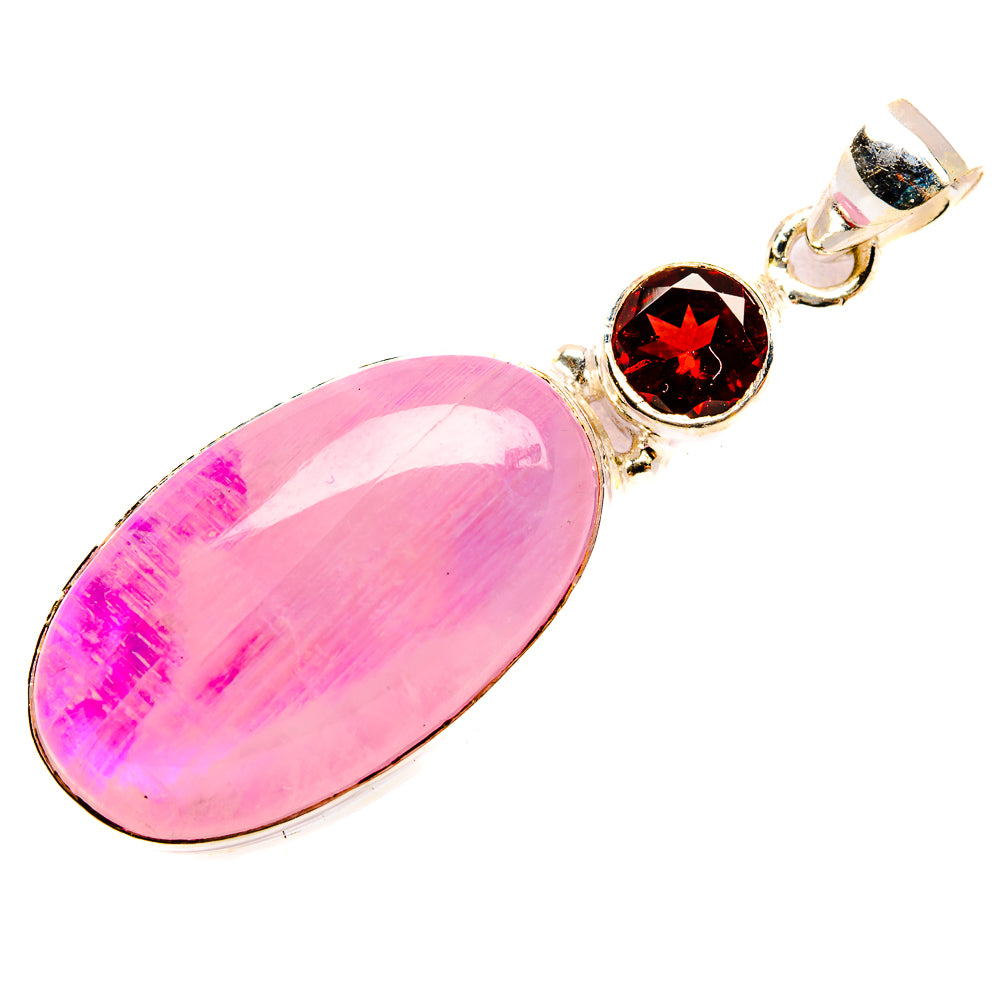Pink moonstone teardrop pendant with round garnet gemstone in sterling silver frame