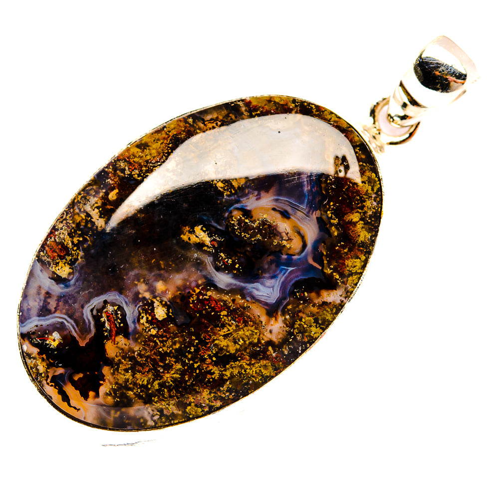 Oval plume agate pendant in sterling silver bezel, dark blue and gold banded stone