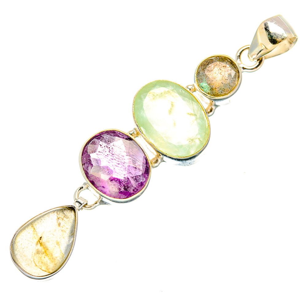 Sterling silver gemstone pendant with three oval cabochons in green, purple, yellow