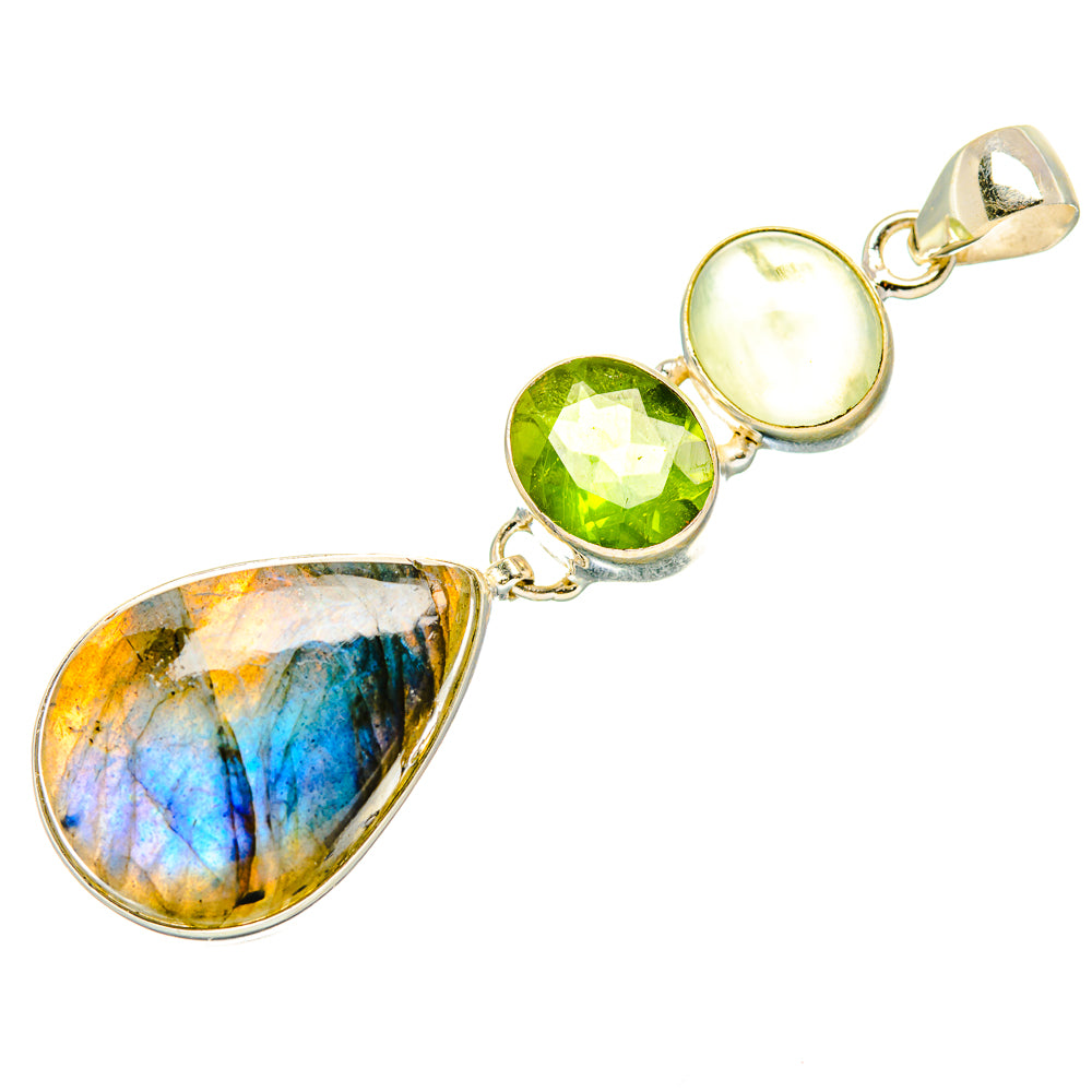 Three-stone sterling silver pendant: blue labradorite, green peridot, pale yellow prehnite