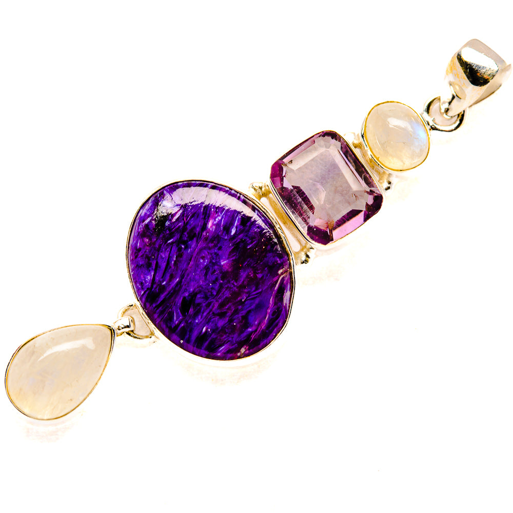 Sterling silver pendant showing purple charoite round stone, faceted amethyst, opal drops