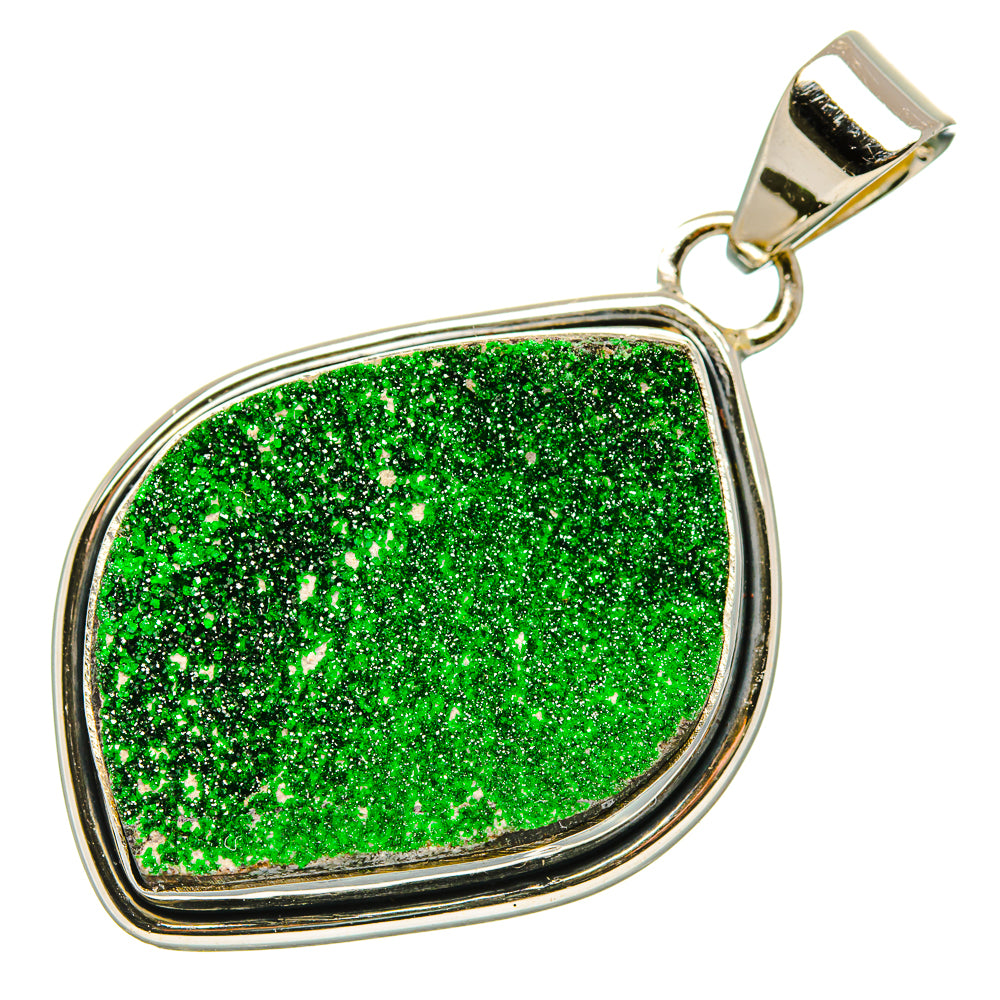 Green druzy uvarovite garnet pendant in 925 sterling silver teardrop bezel