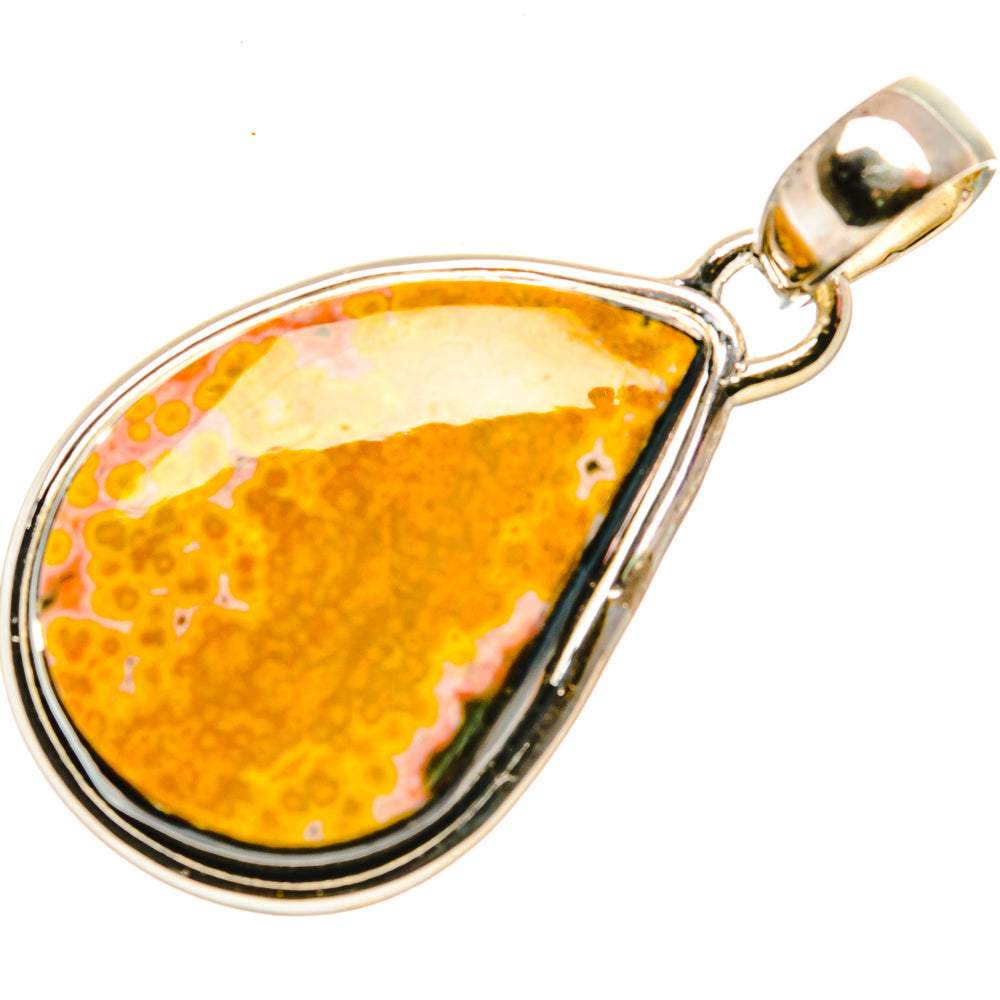 Ocean jasper teardrop pendant in 925 sterling silver, orange stone with speckled patterns