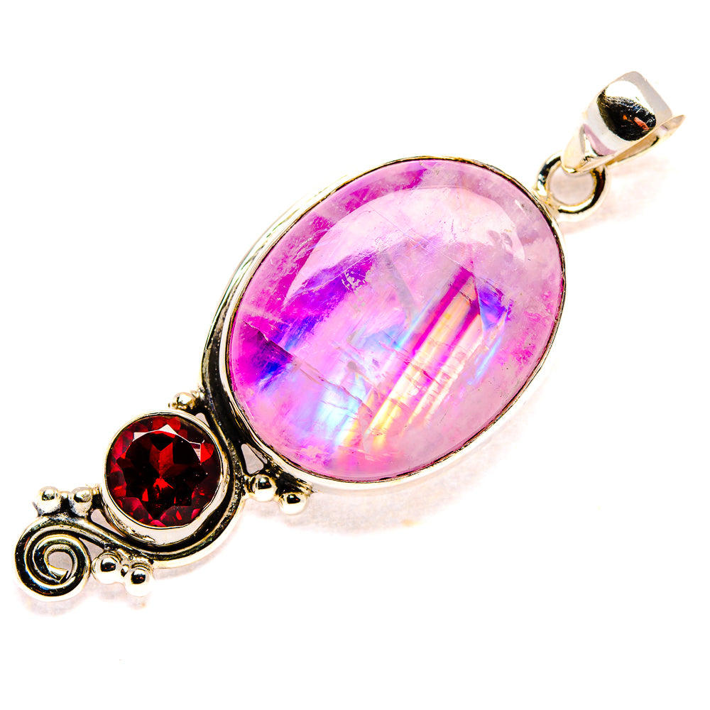 925 sterling silver oval pink moonstone pendant with red garnet side stones
