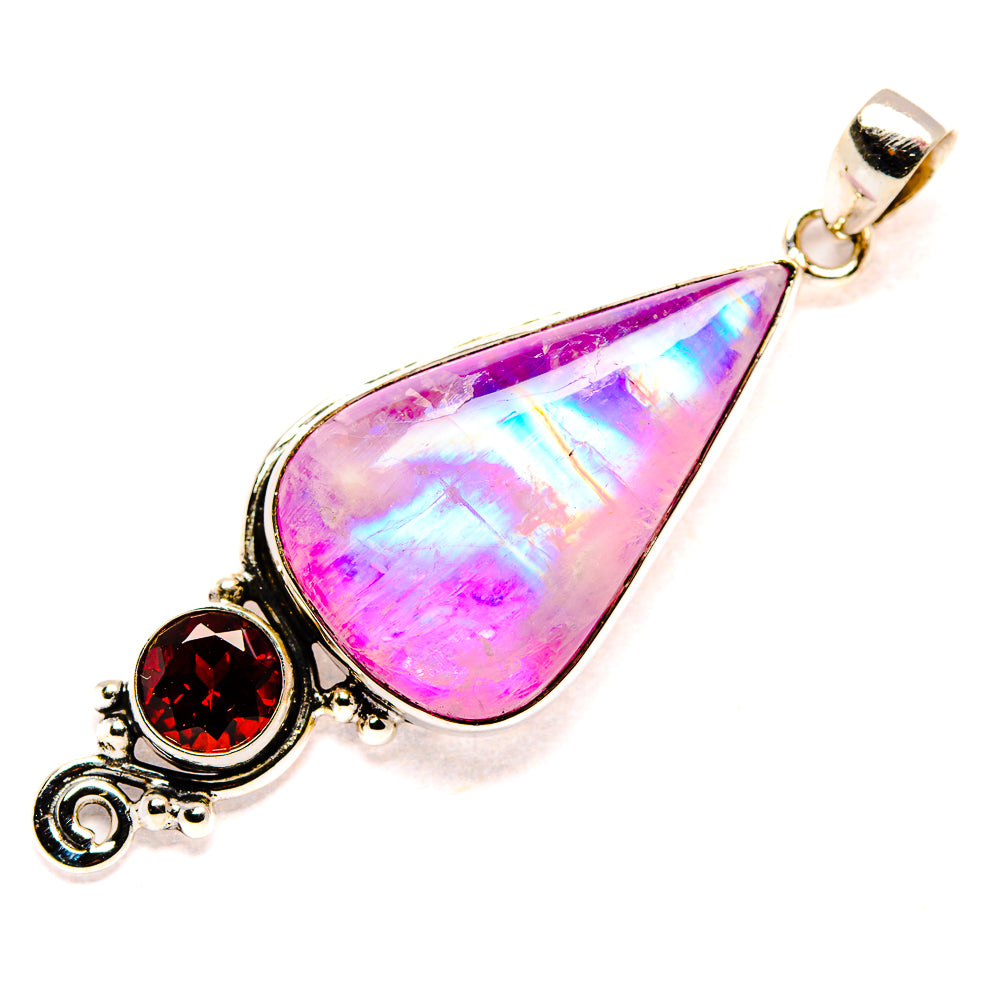 Teardrop moonstone pendant with round garnet, bezel-set in 925 sterling silver