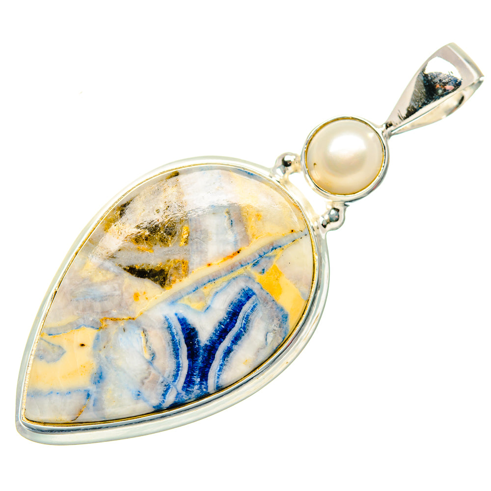 Sterling silver pendant featuring blue-and-gold scheelite teardrop with round pearl cap