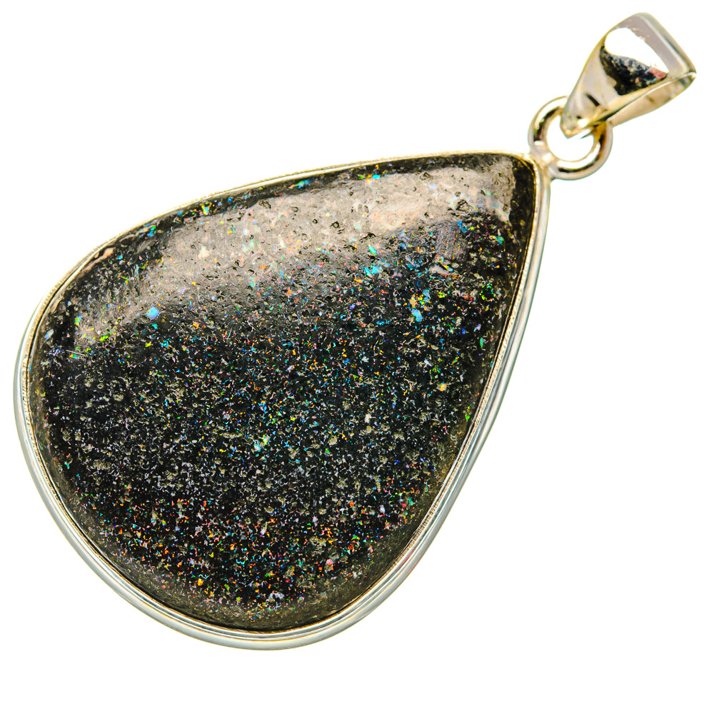Sterling silver teardrop opal pendant with glittering black surface and round bail