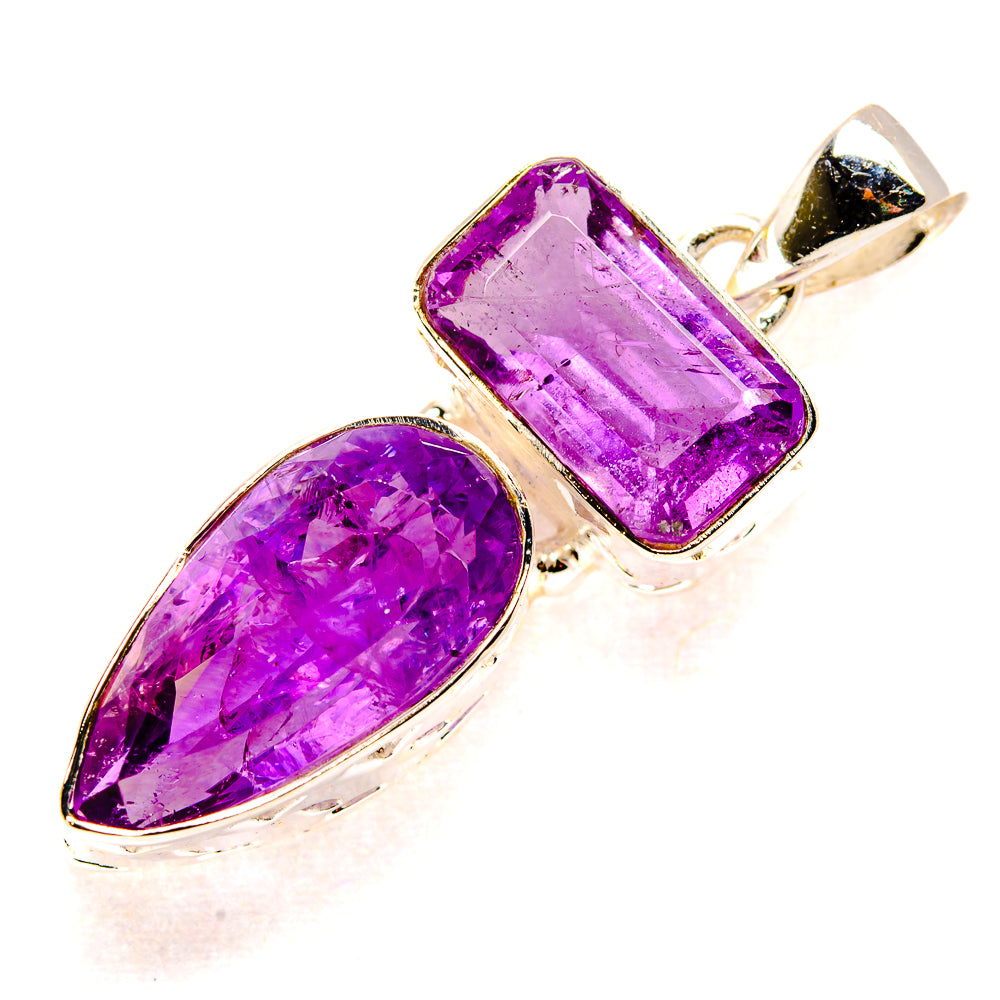 Faceted amethyst pendant in polished 925 silver, rectangular and pear-cut stones