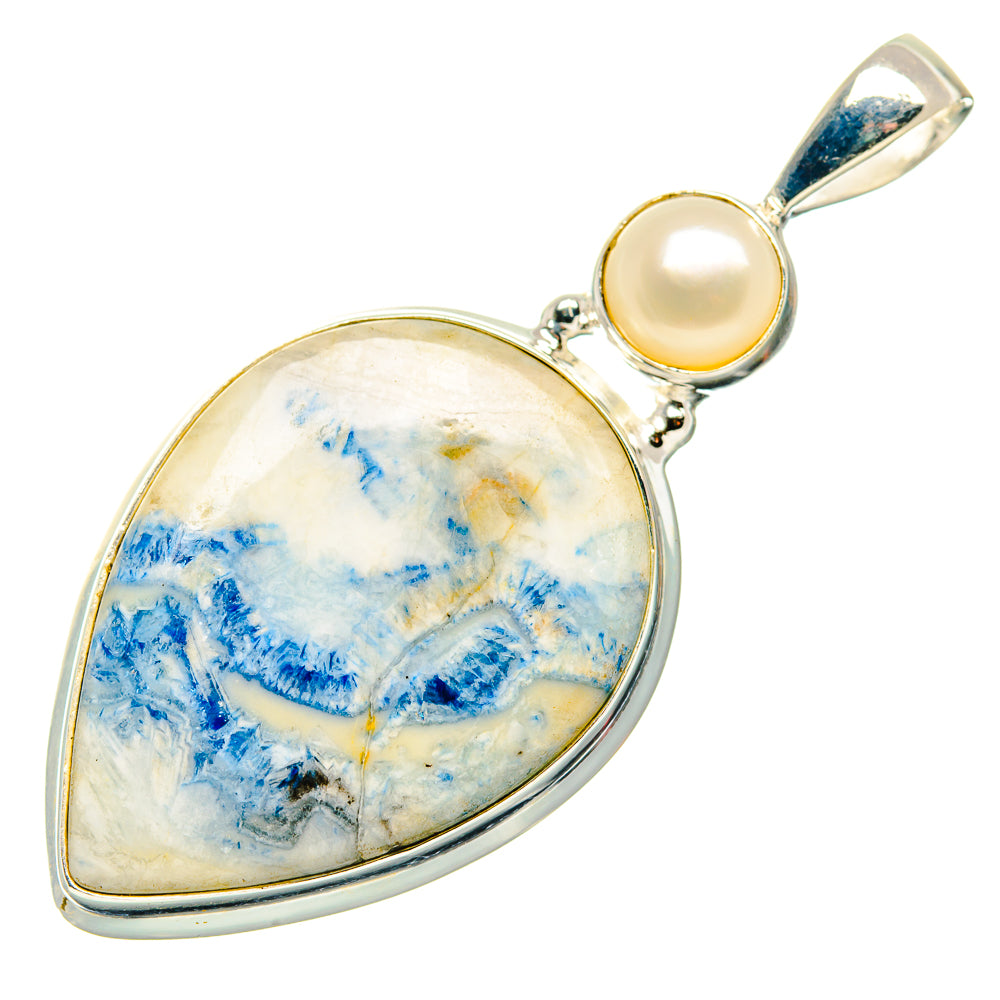 Sterling silver pendant with blue scheelite teardrop stone and cultured pearl bail