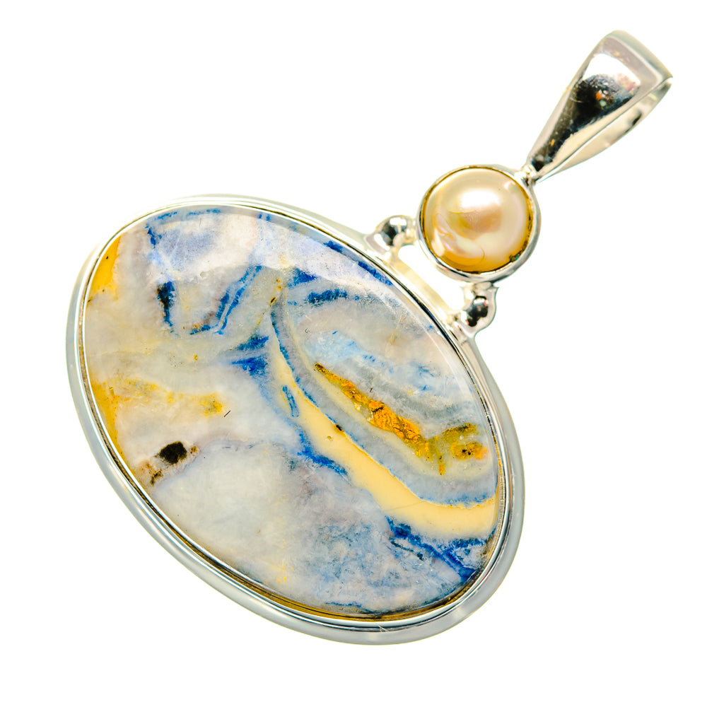 Sterling silver pendant with oval blue scheelite stone and round cultured pearl bail