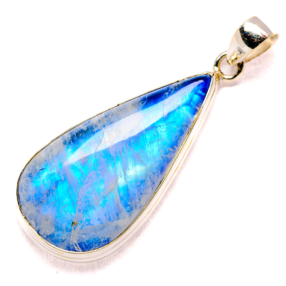 Teardrop opal pendant, blue iridescent stone in silver bezel with loop bail