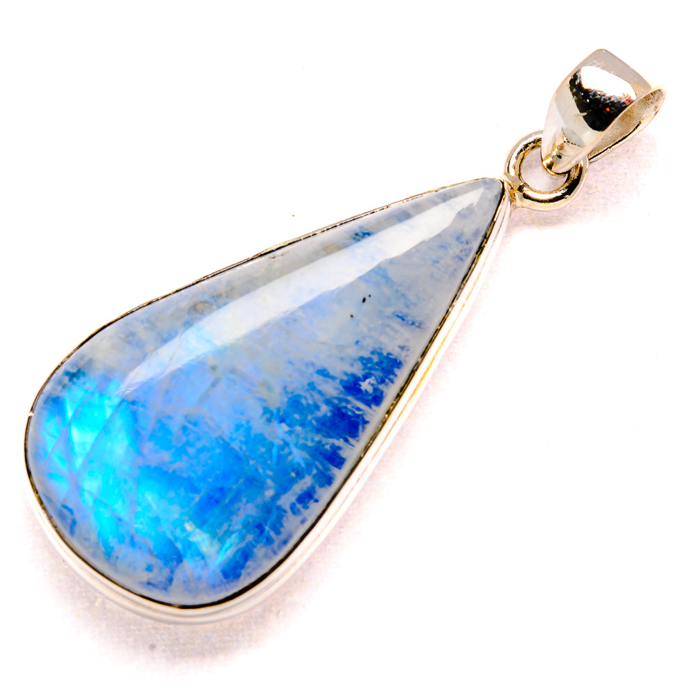 Teardrop rainbow moonstone pendant with silver-tone frame and bail, blue iridescence