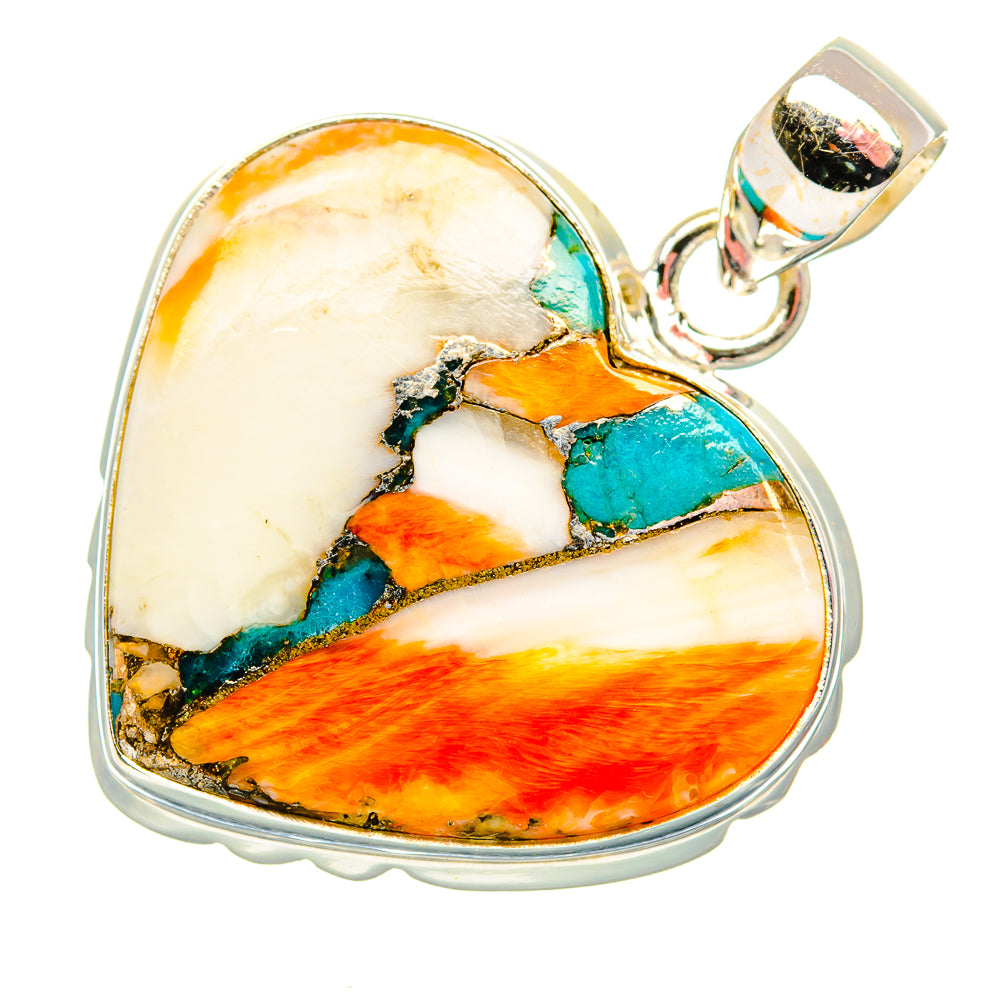 Heart-shaped spiny oyster pendant with turquoise, orange, and white in 925 sterling silver