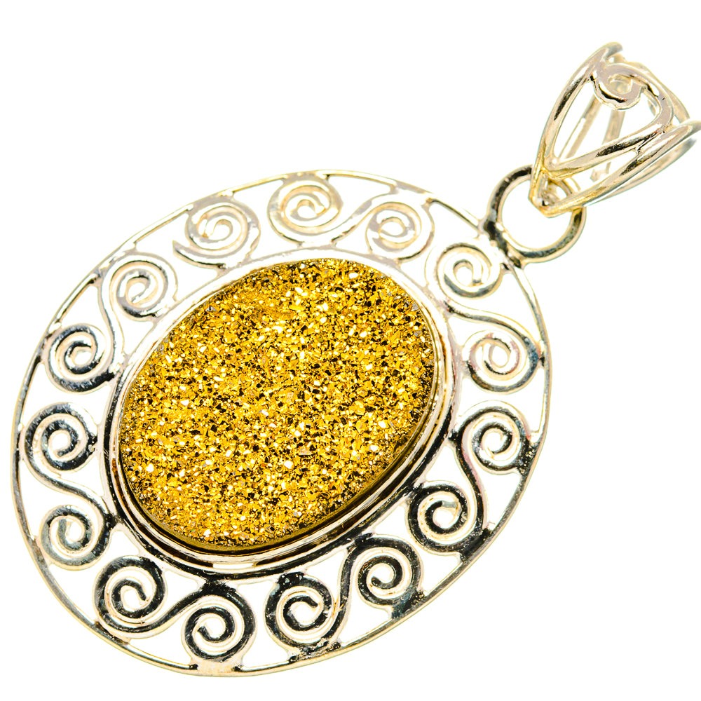 Round silver druzy pendant with gold glitter center, swirl frame, and top bail loop