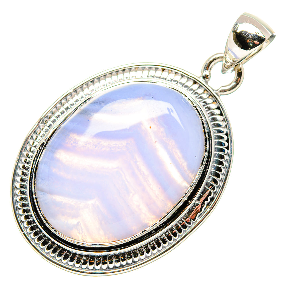 Oval blue lace agate pendant in 925 sterling silver oval bezel with bead trim and top bail.