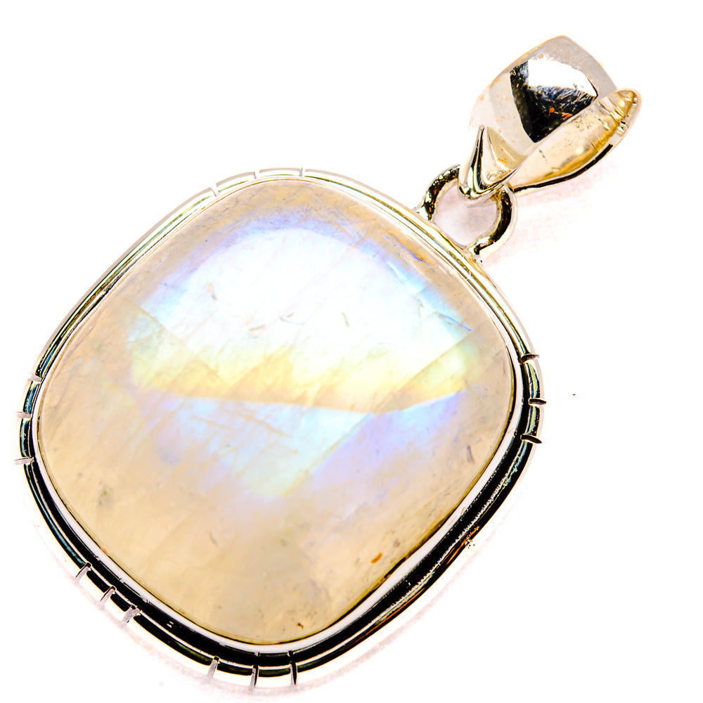 Rainbow moonstone pendant with oval cabochon and sterling silver bezel, top bail visible.