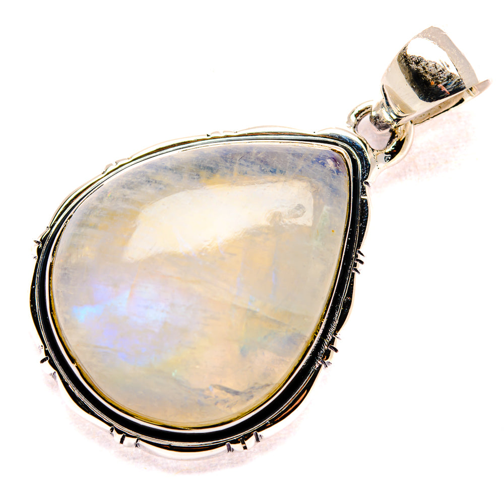 Moonstone pendant in teardrop bezel, iridescent white stone with silver bail