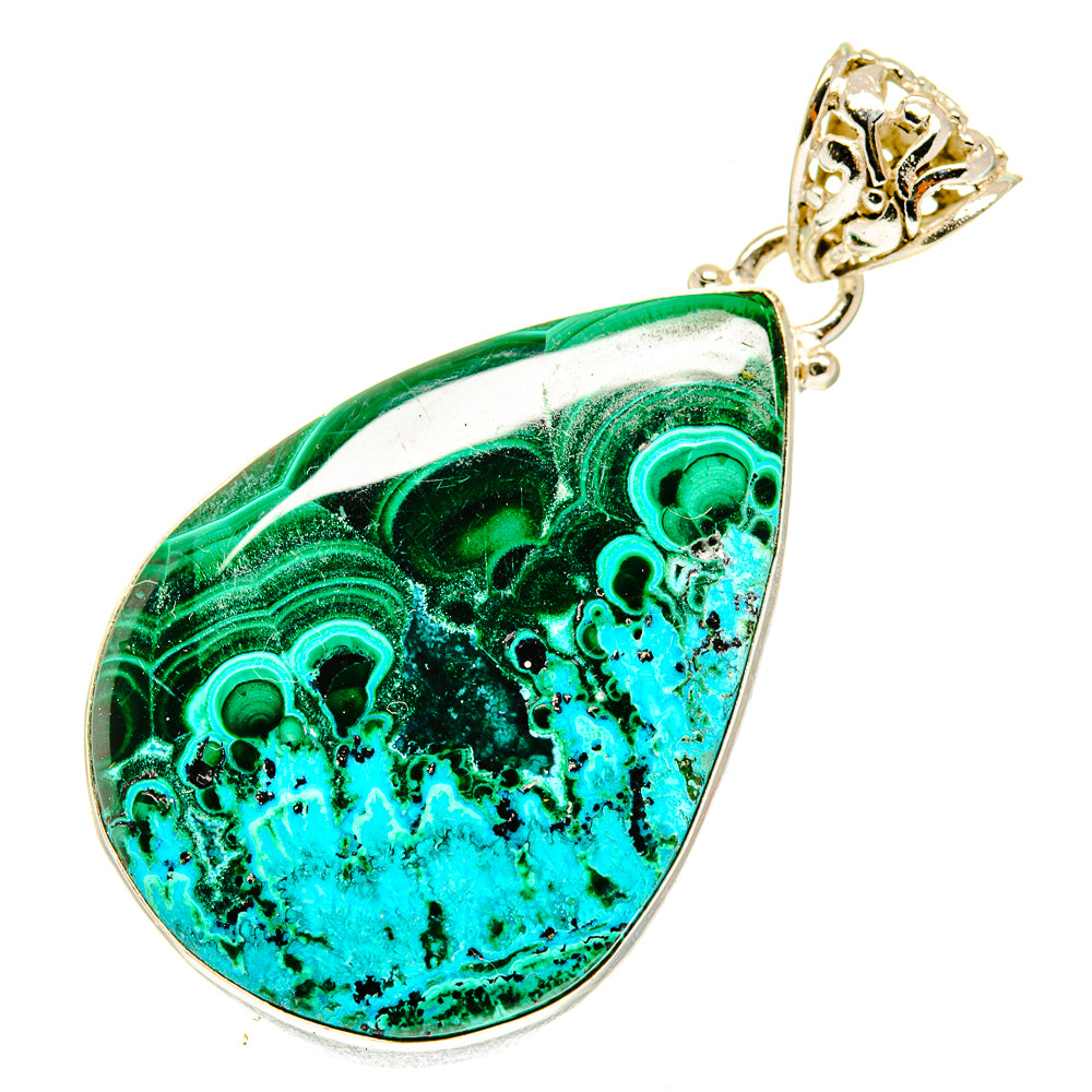 Teardrop malachite and chrysocolla pendant in gold-tone 925 sterling silver setting