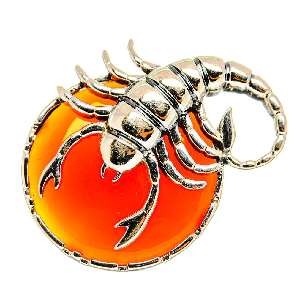 Scorpion pendant with 925 sterling silver frame, orange oval carnelian center and curled tail