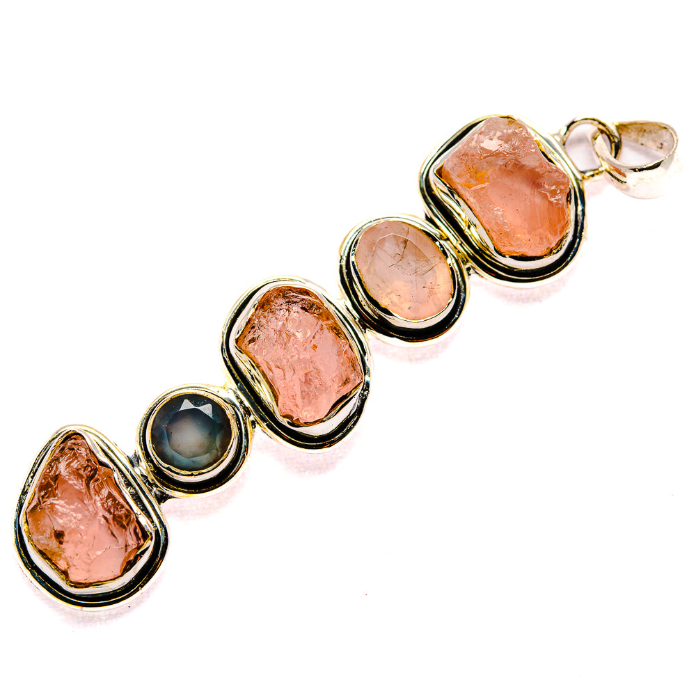 Cluster pendant with mixed rough rose quartz and aqua chalcedony stones, silver prongs