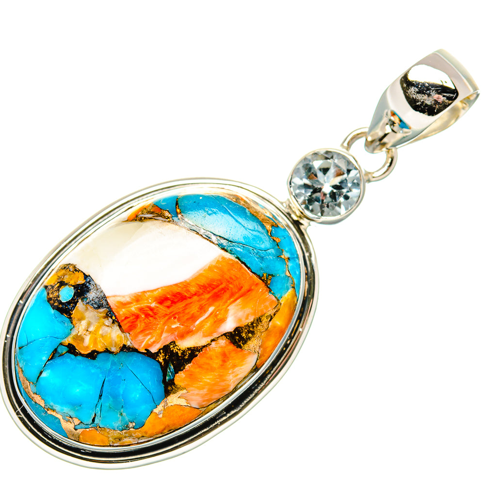 Silver bezel oval spiny oyster turquoise and orange pendant with round clear stone bail