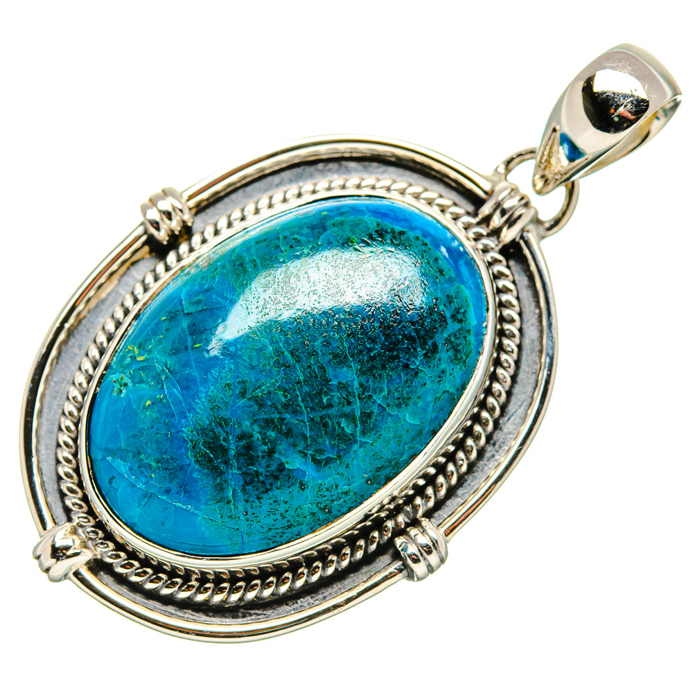Oval chrysocolla pendant in 925 sterling silver bezel, with loop bail