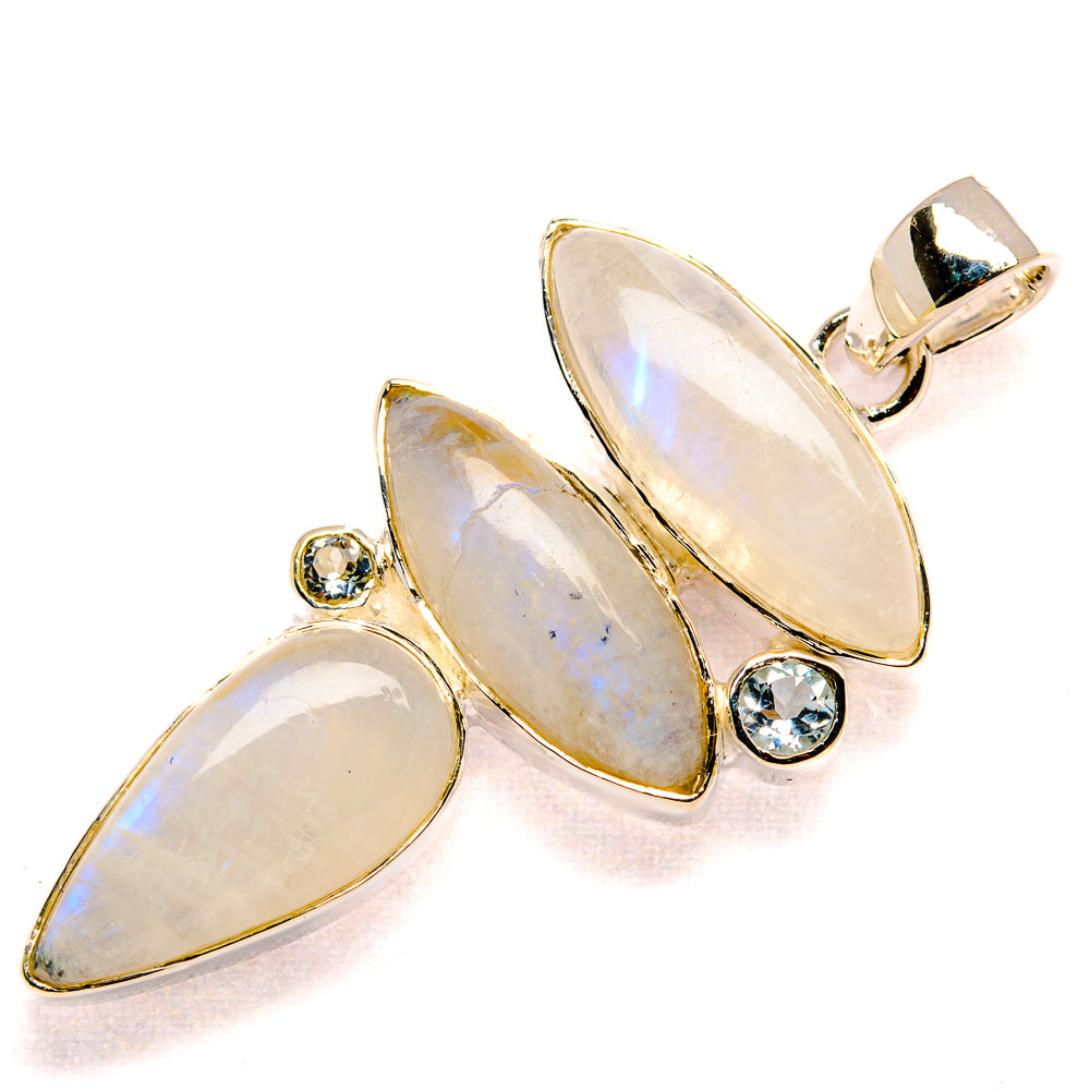 Iridescent oval gemstone pendant, 925 sterling silver with three round blue stones