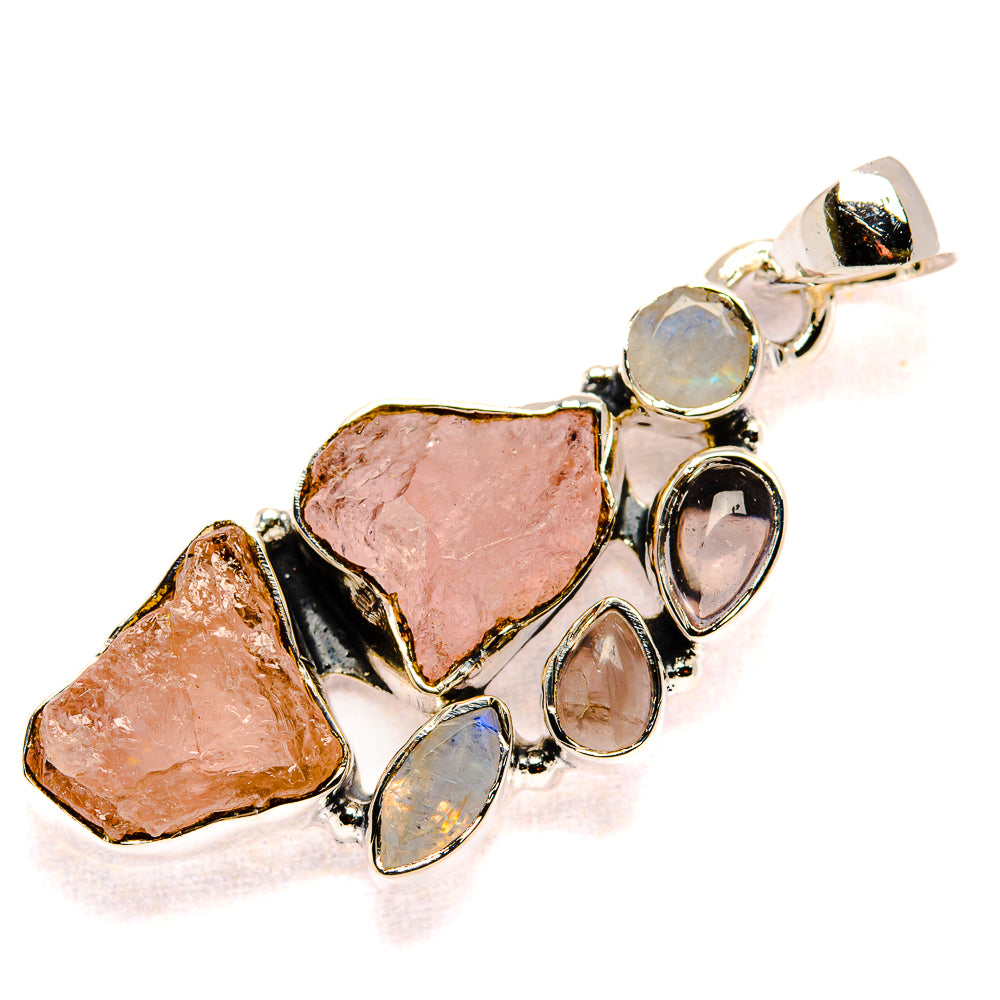 Silver pendant with rough rose quartz slices and moonstone teardrops, round bail