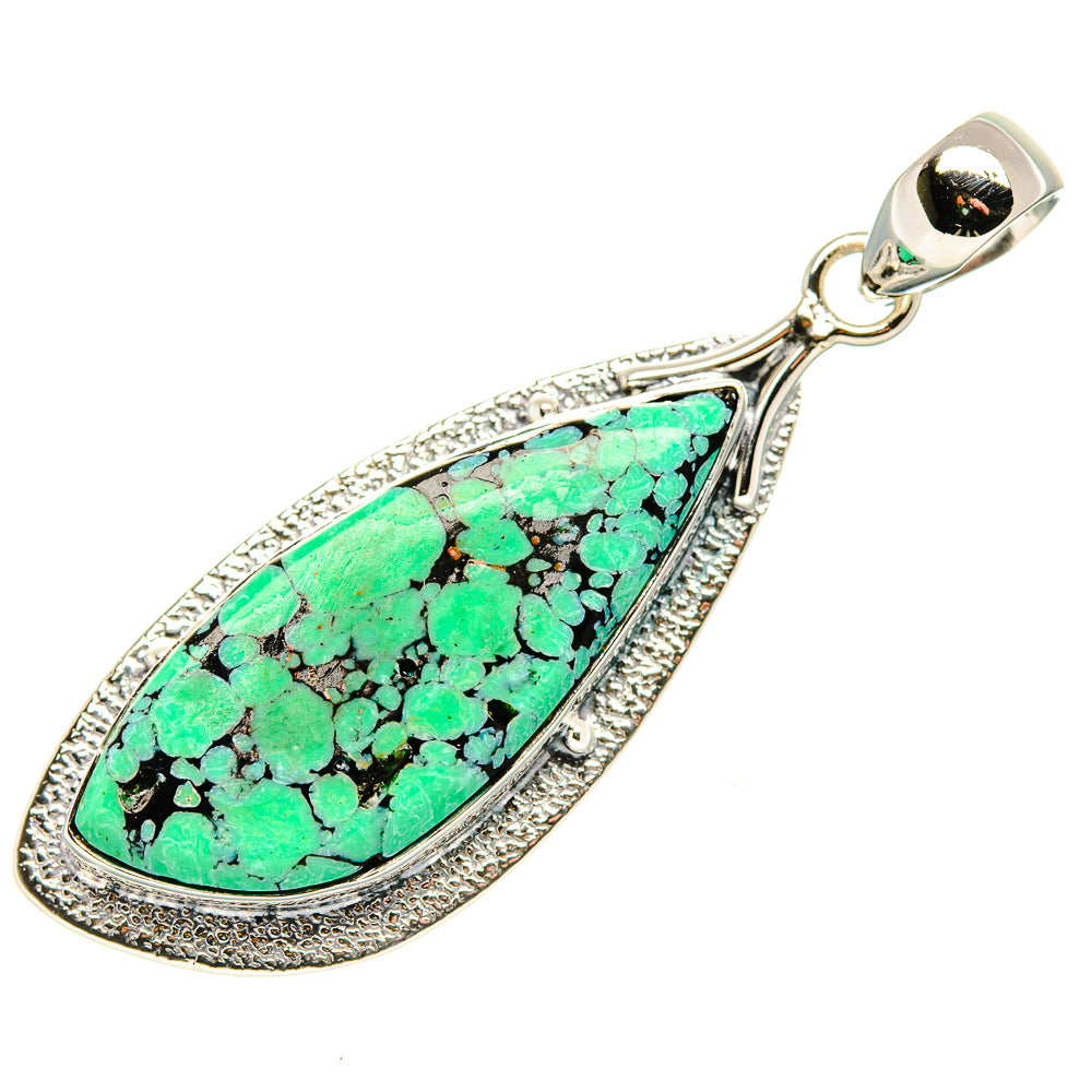 Teardrop green turquoise pendant in sterling silver with textured frame and top bail