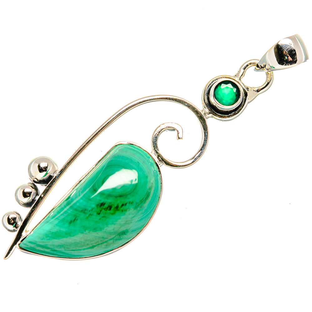 Green stone teardrop pendant in 925 sterling silver with swirl setting