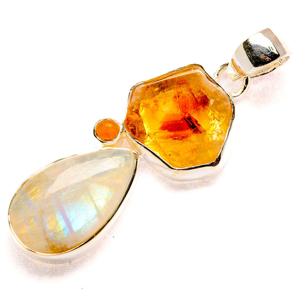 Octagonal citrine and oval moonstone pendant in 925 sterling silver bezel setting