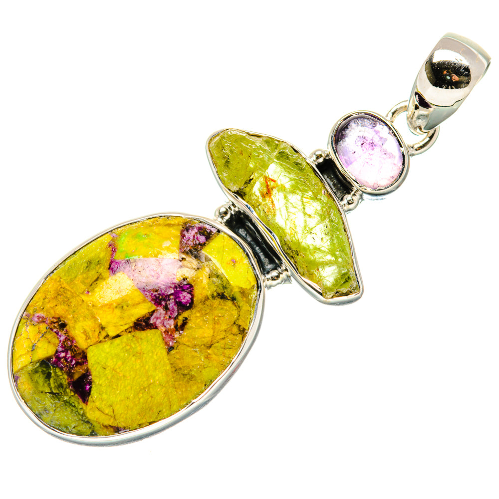 Sterling silver pendant with yellow-green and pink oval gemstone cabochons