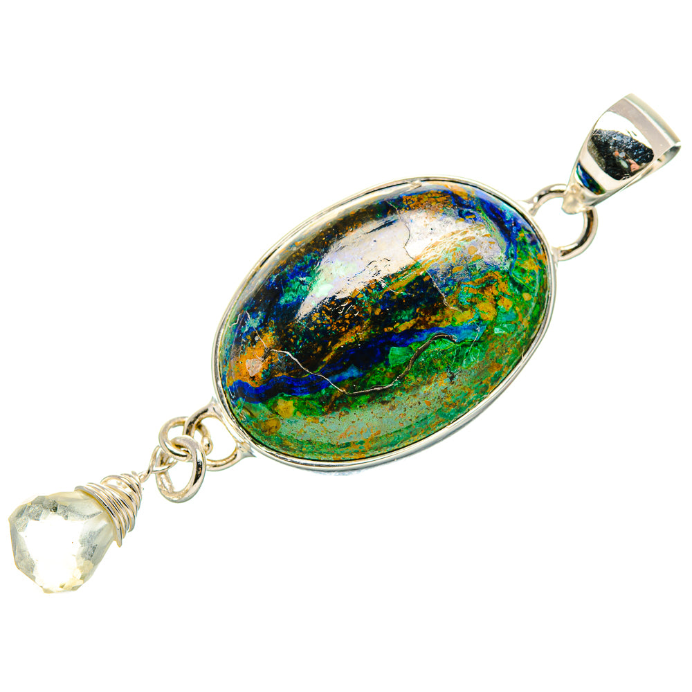 Oval azurite pendant with blue-green stone and clear quartz dangle, 925 sterling silver