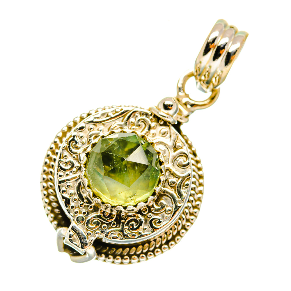 Sterling silver prehnite pendant with round green gemstone and ornate halo setting