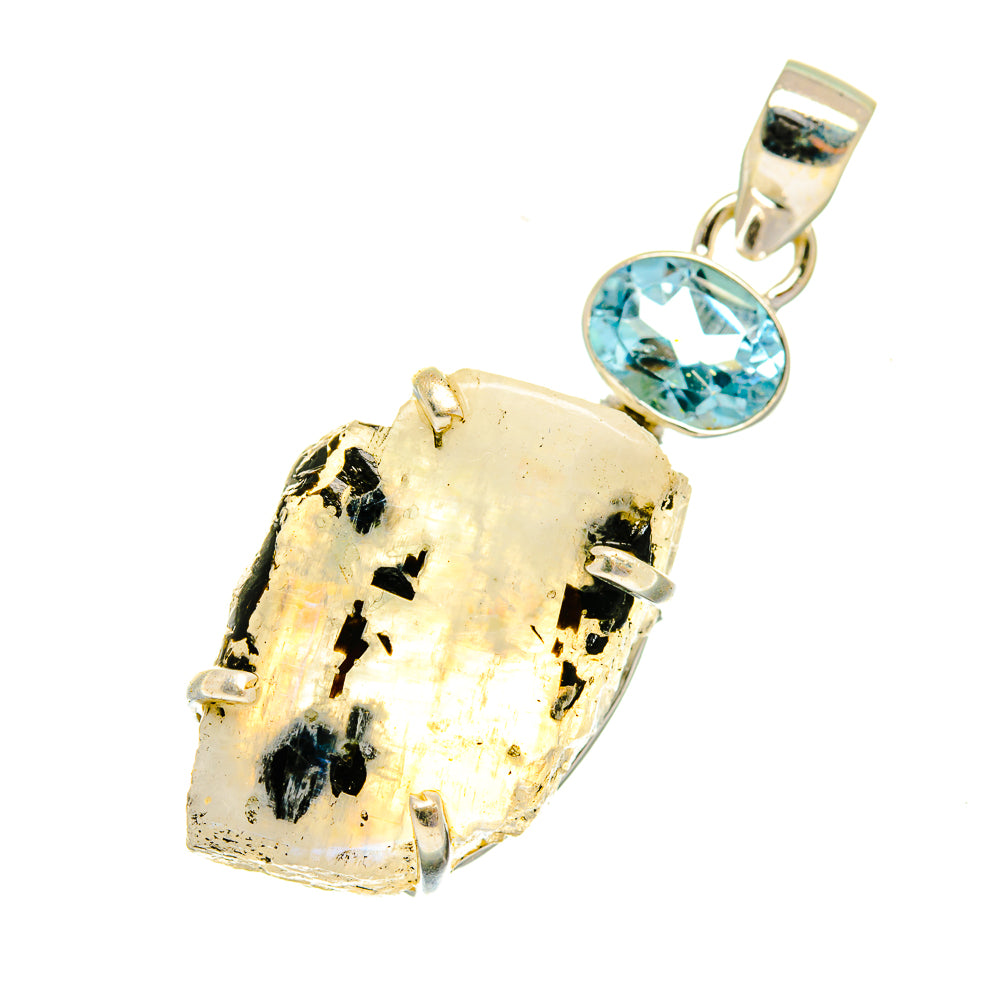 Rough moonstone pendant with blue topaz teardrop bezel on 925 silver bail