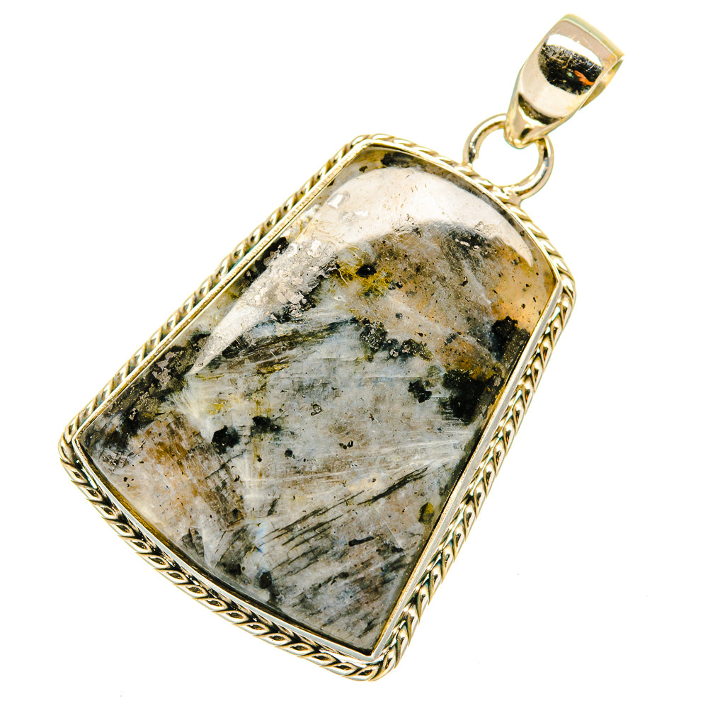 Gabbro stone pendant, gold-tone bezel with bail; mottled black, green, and white stone