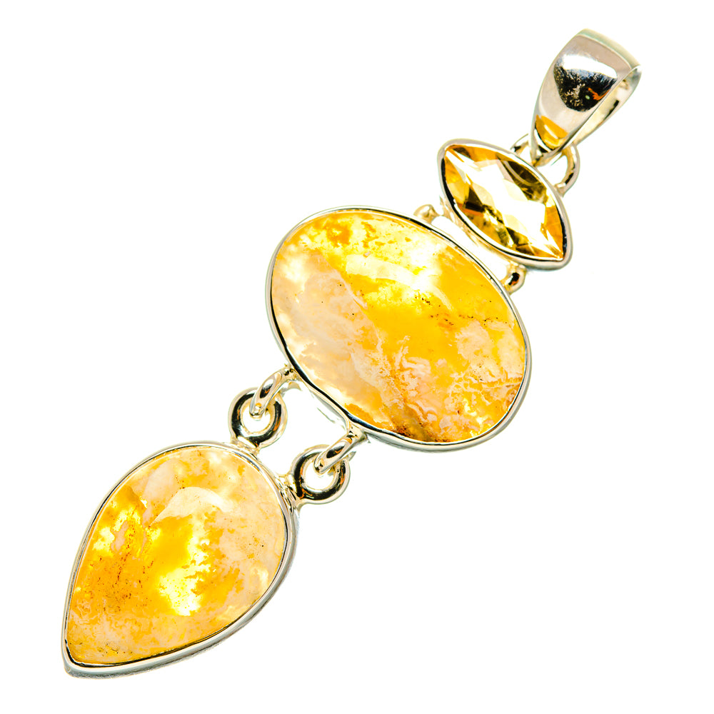 Three-stone citrine plume agate pendant in 925 sterling silver with oval bezels