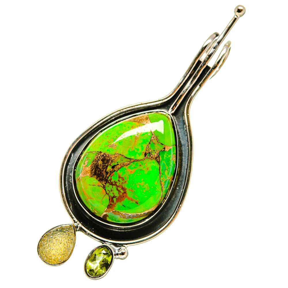 Green stone teardrop pendant with black enamel and gold-tone accents, sterling silver bail.