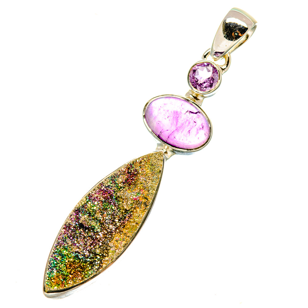 Amethyst druzy pendant with purple oval stone, two round accents, and gold glitter bail