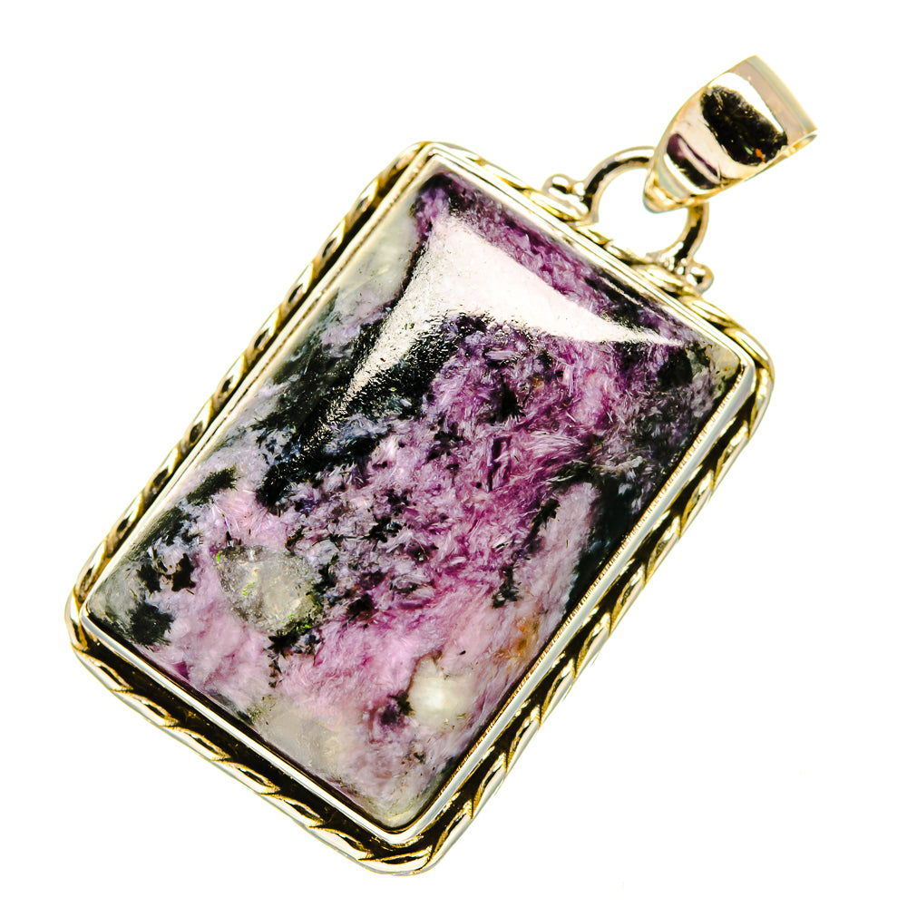 Sterling silver pendant with square charoite-style stone, gold-tone bezel and bail