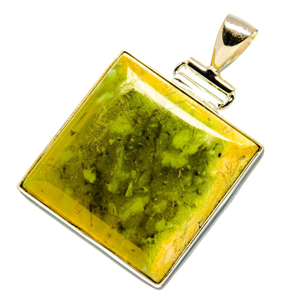 Jasper pendant with green rectangular stone, silver bail and hinged clasp detail