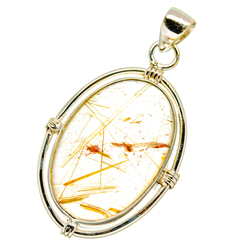 Oval sterling silver rutilated quartz pendant with clear stone and golden needle inclusions