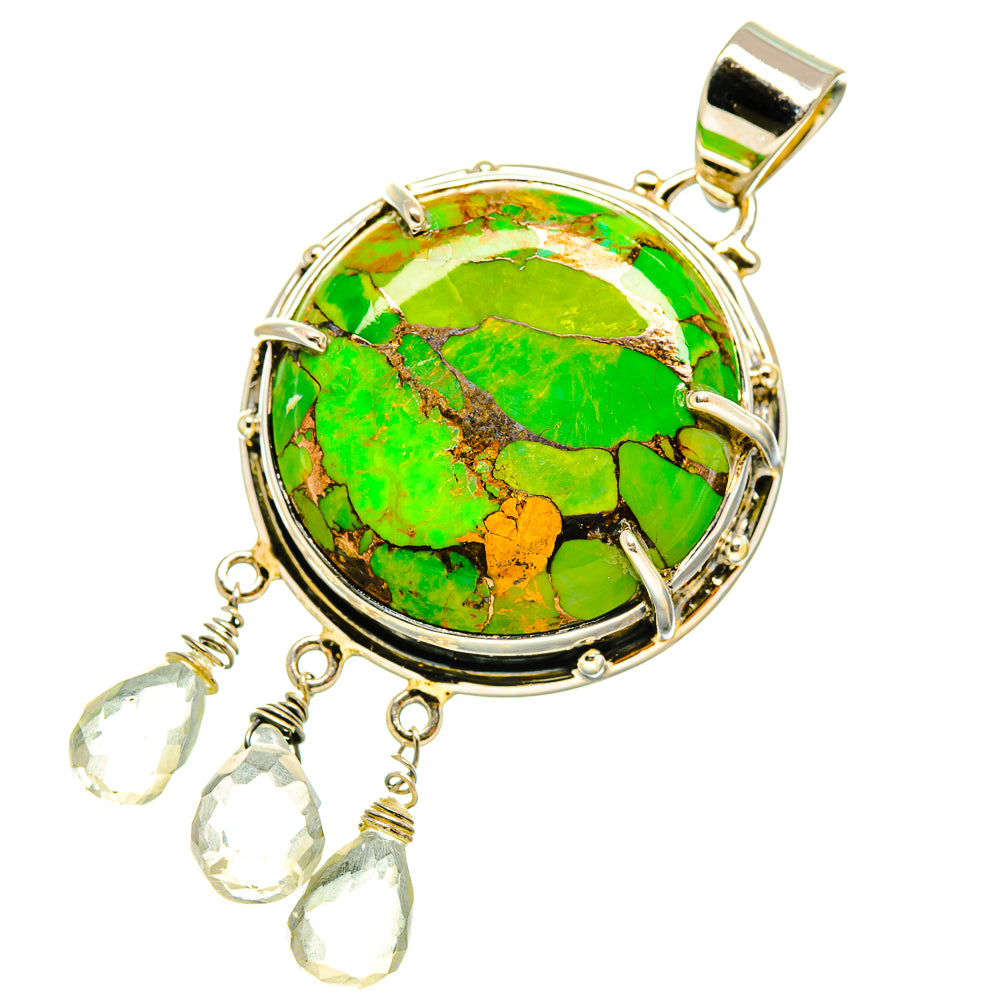 Round green turquoise pendant with silver bezel, bail, and three faceted crystal drop dangles