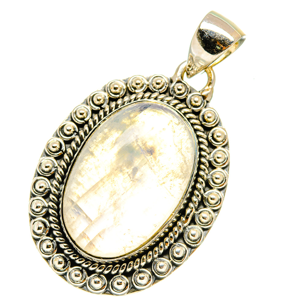 Rainbow moonstone pendant, oval bezel with beaded border and silver loop bail