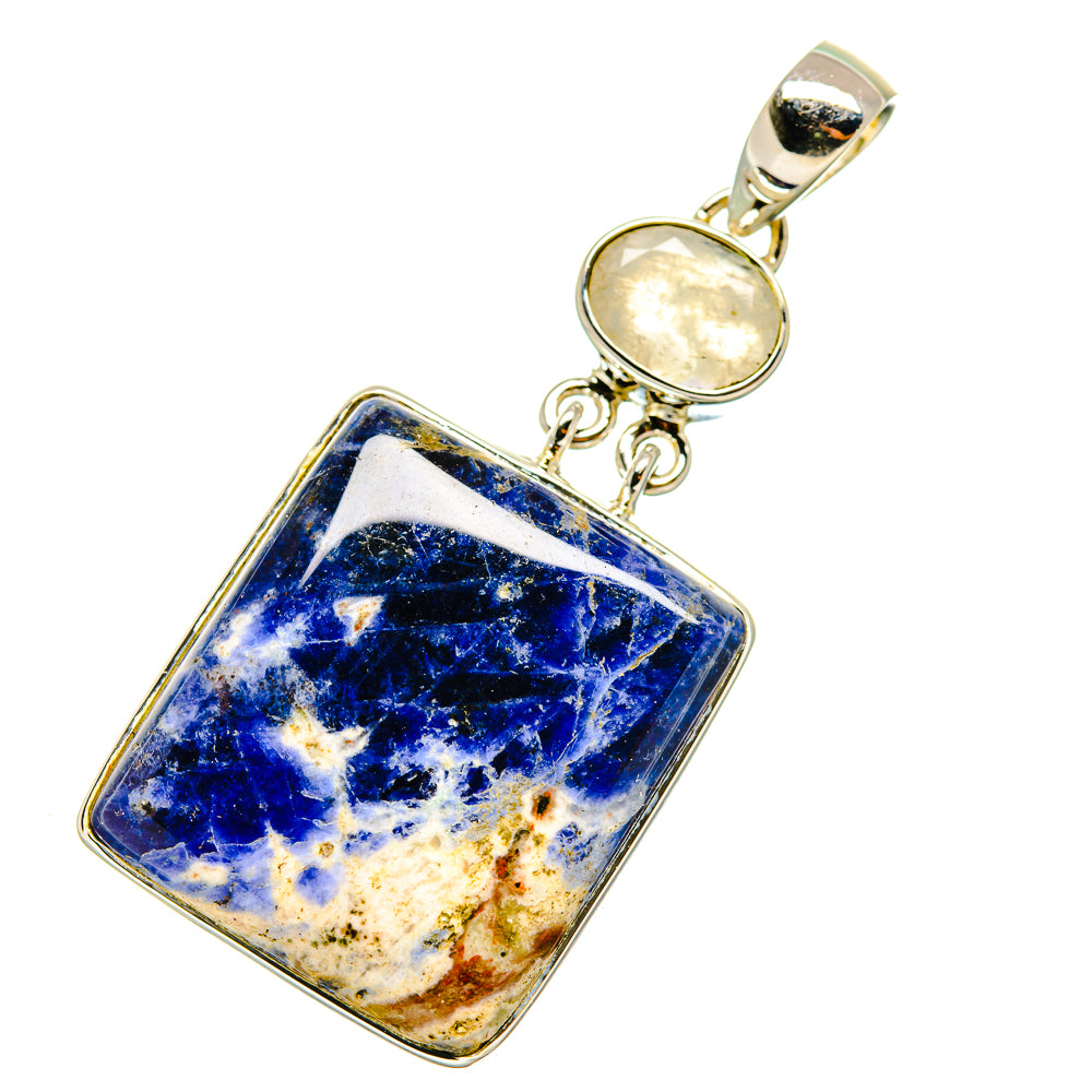 Sterling silver pendant charm with blue sodalite rectangle and round moonstone top loop
