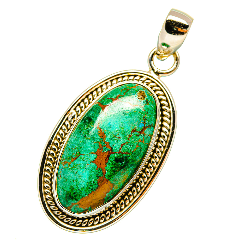 Oval chrysocolla pendant in gold-tone sterling silver with textured bezel and loop bail